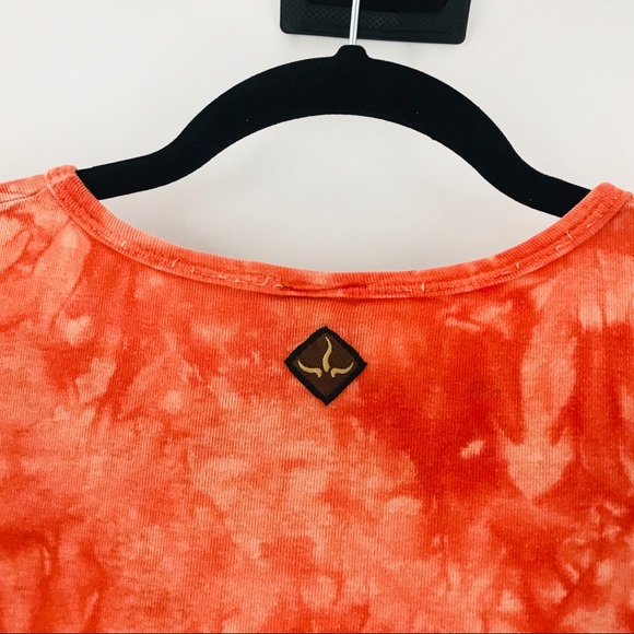 PrAna Retro Orange Bleach Dye Sun Mandala 1990s Cotton Babydoll T-Shirt - Picture 8 of 10